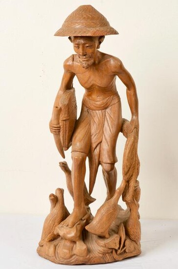 Indonesian Wood Carving of Old Man with Ducks