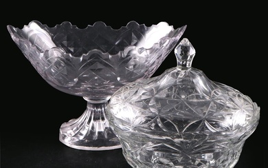 Irish Cut Glass Boat Shaped Footed and Covered Serving Bowls