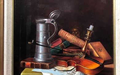 Istvan T.CZENE (Né en 1966) Le violon Huile sur panneau, 30 x 24 cm Avec...