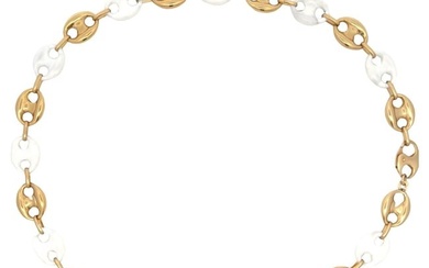 Italian Alternating Mariner Link White Enamel & 14 Karat Yellow Gold Necklace