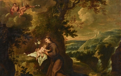 Italian School (late 17th century), Saint Anthony with the Christ child in extensive landscape