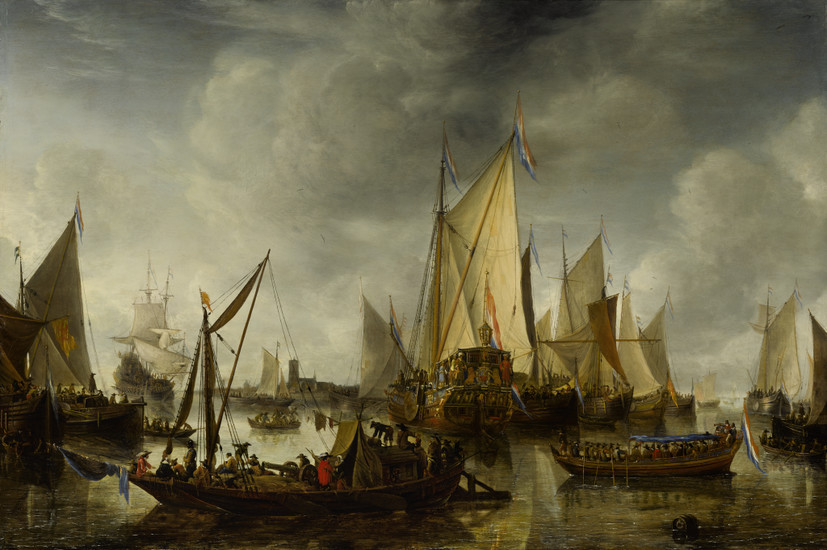 JAN ABRAHAMSZ. BEERSTRATEN | DUTCH SHIPS AT ANCHOR IN A CALM HARBOR, WITH DIGNITARIES IN A BARGE APPROACHING THE ROYAL YACHT OF PRINCE WILLIAM II, AND A FERRY TRANSPORTING A CANNON IN THE FOREGROUND
