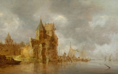 JAN VAN GOYEN(Leyde 1596-1656 La Haye)Paysage fluvial. 1642.Huile sur bois. Monogrammé et daté en bas...