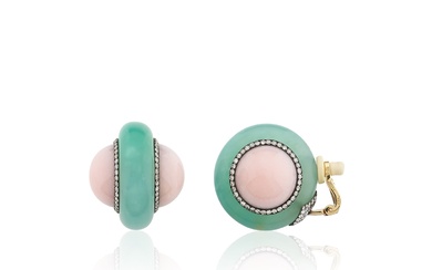 JAR, Pair of chalcedony, pink opal and diamond ear clips
