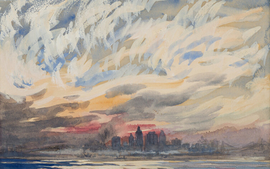 JOSEPH PENNELL Returning from Staten Island (View of Lower Manhattan). Watercolor with gouache...