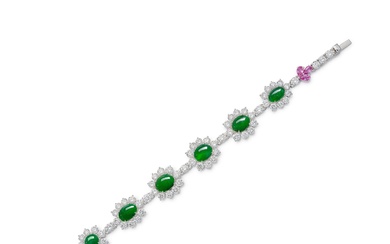 Jadeite, Diamond and Pink Sapphire Bracelet | 天然翡翠 配 鑽石...