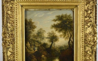 James Stark (1794-1859) oil on panel - figure on a track beside a river, 31cm x 26cm, in gilt frame