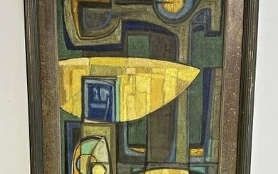 James V. Harvey (1929-1965) abstract o/c titled ( TRANSFIGURED MACHINE ), signed on front and many