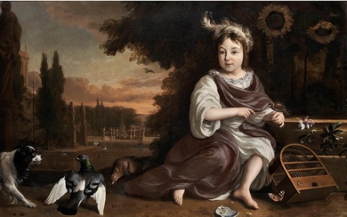 Jan Weenix, 1640/41 Amsterdam – 1719, PORTRAITBILDNIS DES PRINZEN VON ORANIEN MIT VOGELKÄFIG IN PARKLANDSCHAFT