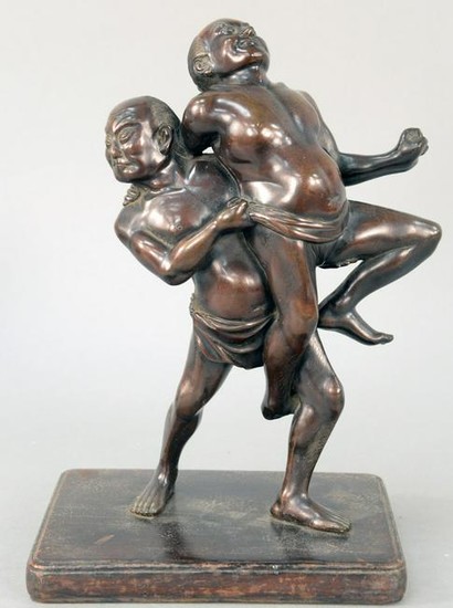 Japanese Bronze Figural Group, two sumo wrestlers