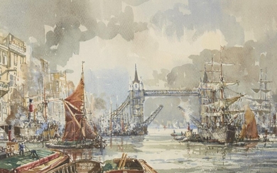 John Sutton, British b.1935- Busy shipping scenes on the Thames; watercolours, each signed, a pair, 35.5 x 53 cm (2) (ARR)