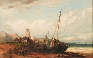 Jules Achille NOËL (1810/15-1881) Bateau sur la plage. 1872 Huile su panneau Signée et datée...
