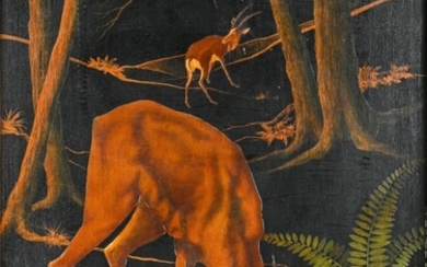 Jules JAMBERS (1863 - ?) Paysage aux antilopes, vers 1920 panneau laqué,...