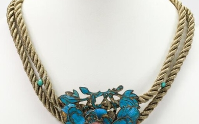 Kingfisher, rhodonite, metal cord necklace