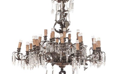 LARGE FRENCH BRONZE CRYSTAL CHANDELIER C 1940