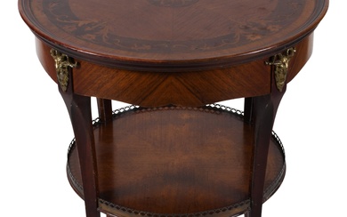 LOUIS XVI STYLE MARQUETRY INLAID KINGWOOD GUERIDON Height: 27 1/4 in. (69.2 cm.), Diameter: 21 in. (53.3 cm.)