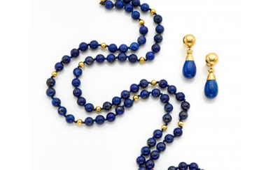 Lapis lazuli and yellow gold jewelry set comprising a cm 85 circa necklace with mm 7.90/8.20 circa beads and pendant...
