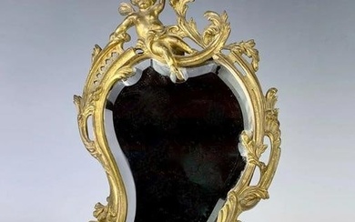 Large 16" Art Nouveau Gilt Bronze Cherub Beveled Mirror
