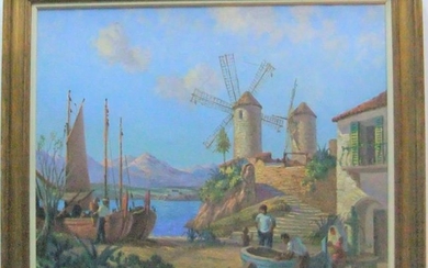 Large Bernard Ninnes (1891-1971) oil "Molinos de Mallorca" framed...