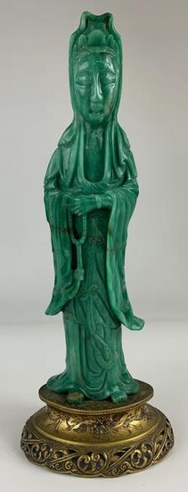 Large Chinese Carved Guanyin on Brass Base