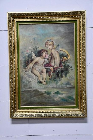 Large Oil On Canvas - Cherubs 33" X 24"