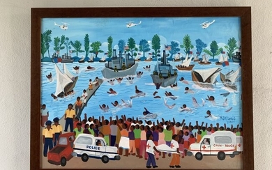 Large Oil on Canvas Haitian Folk Art by Maxan Jean Louis