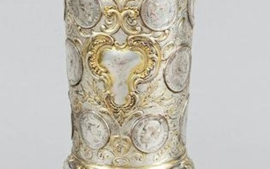 Large coin cup, 20th c., plated, round stand, baluster stem, slightly conical dome bulged in the