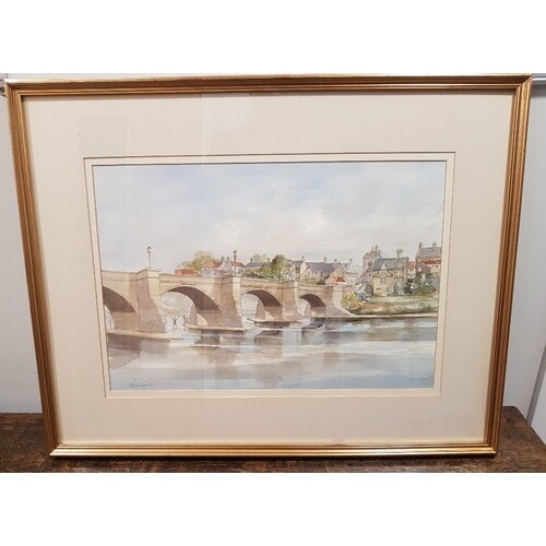 Large framed and signed watercolour of the bridge at Corbrid...