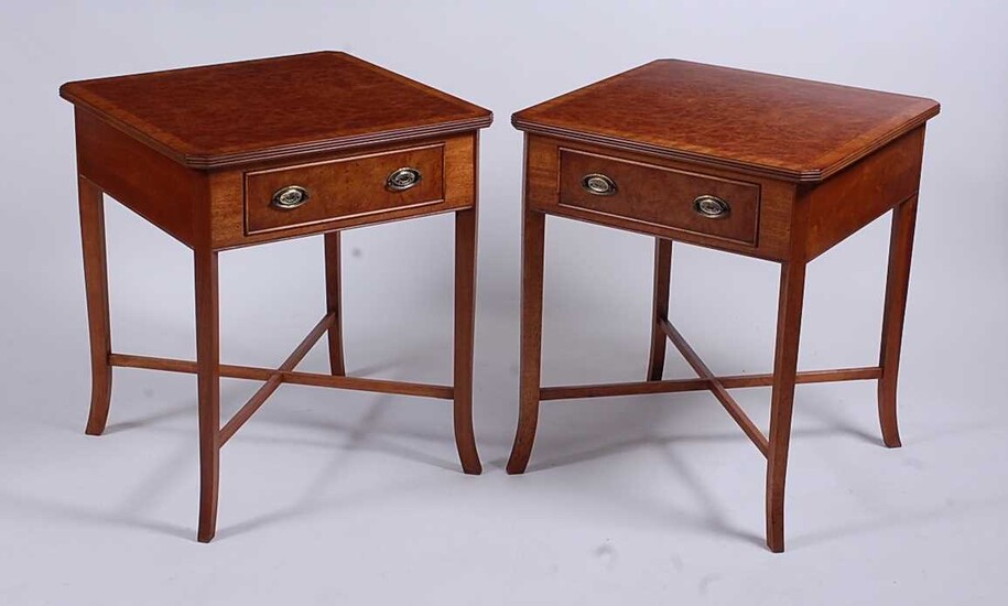 A pair of figured walnut lamp tables