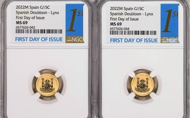 Lot of (2) 2022M Spain 15 Euro Cent Lynx Gold Doubloon Coins NGC MS69 FDOI