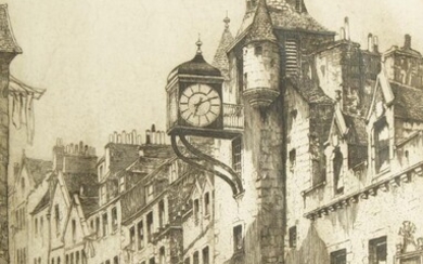 Louis Whirter, British 1873-1932- Edinburgh - The Old Tolbooth; etching, signed and titled in pencil, bears publisher's blindstamp, 30 x 22.5 cm: together with two further etchings by different artists (3)