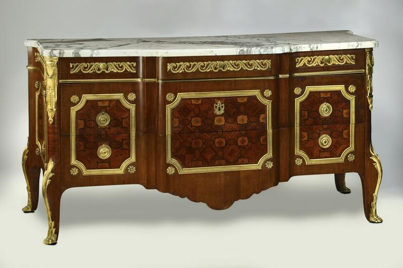 Louis XVI style gilt mounted marble top commode
