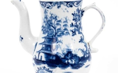 Lowestoft coffee pot, of small size, painted in blue with an elaborate Chinoiserie scene of tall pagoda and trees, reverse with a simpler island landscape, 14cm high