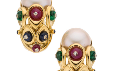 Mabe Pearl, Diamond, Multi-Stone, Gold Earrings The earrings feature...