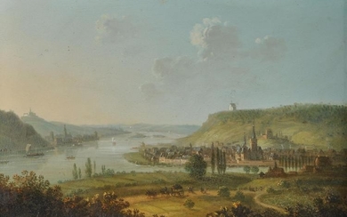 Manner of Jan Griffier the Younger, A Rheinish landscape with a river running through a town, and a horse and cart in the foreground