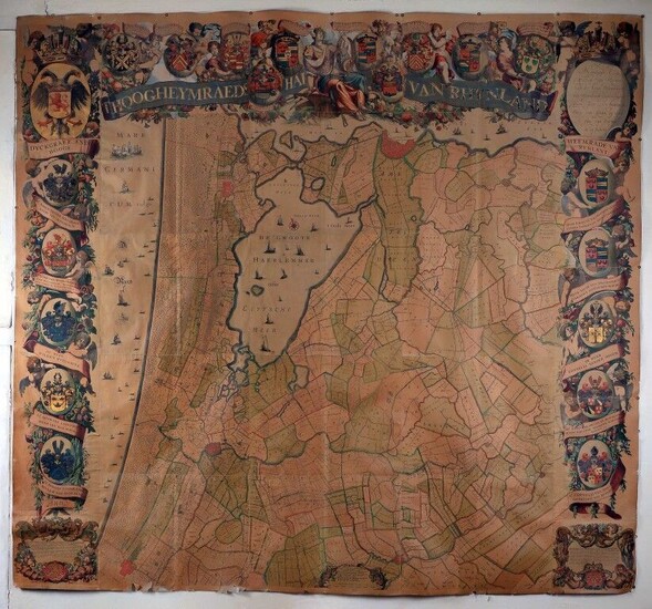 [Map]. [Rijnland]. 'T Hoogheymraedschap van Rhynland. S.l., s.n., [1687-1688]. A copper-engraved map, coloured, in 12 sheets assembled to form a document measuring approximately 210×230cm. (qq. defects including browning, thumbtack holes and small...