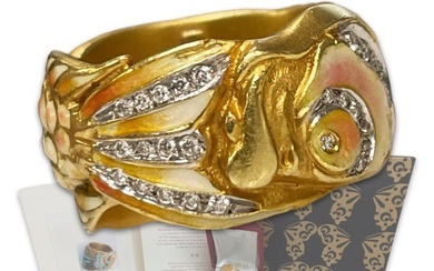 Masriera Pink Koi Fish Basse-Taille Enamel 18K Yellow Gold Fine Diamond Wide Band Ring Original Box