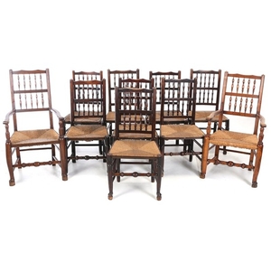 Matched Set of Ten Lancashire Elm, Oak, and Walnut Dining Chairs, 19th Century