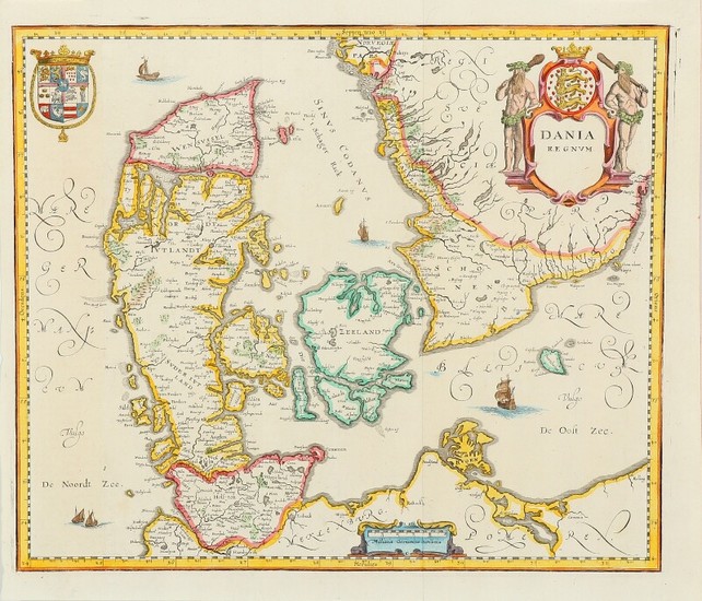Matthäus Merian: “Dania Regnum”. Handcoloured and engraved map after W. Blaue. Circa 1650. Sheet size 31.5×36.5 cm. Unframed.