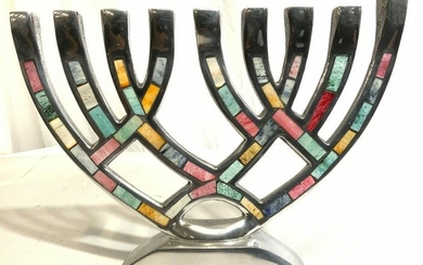 Metal Judaica Menorah W Enameled Detail