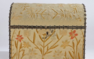 Mid-19th Century needlework dome-lidded casket, covered in floral crewelwork, with studded edge