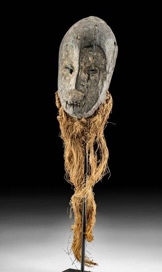 20th C. African Lega Wood Mask with Raffia Beard