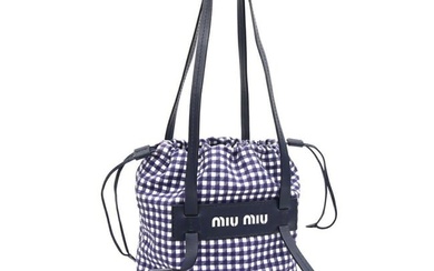 Miu Miu Miu Handbag 5BE023 Navy Natural Canvas Leather Basket Women's Gingham Check MIUMIU