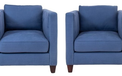 Modern Square Upholstered Armchairs, Pair