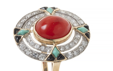 Art Deco style ring in gold, with coral, diamonds, turquoise and onyx.