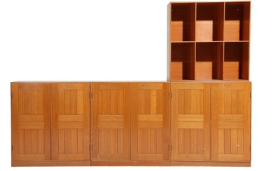Mogens Koch: Three oregonpine cabinets with three bases, and bookcase and wall panel. Made by Rud Rasmussen's cabinetmakers. (8)