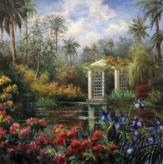 Monumental Original Oil Painting Elizabeth Pena Garden Gazebo 40 x 40 Inches