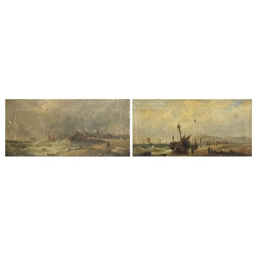 Moored boats and boats beside a port, pair of Dutch 19th cen...