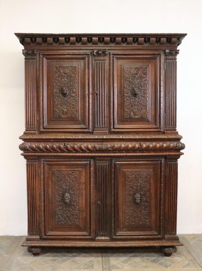 Moulded and carved wood sideboard with two doors, two drawers and two doors in the lower part.