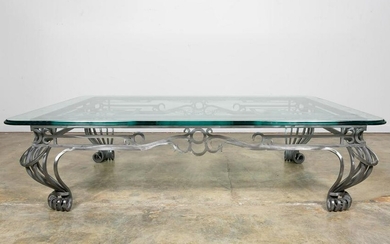 NEOCLASSICAL POLISHED STEEL ETCHED GLASS TABLE